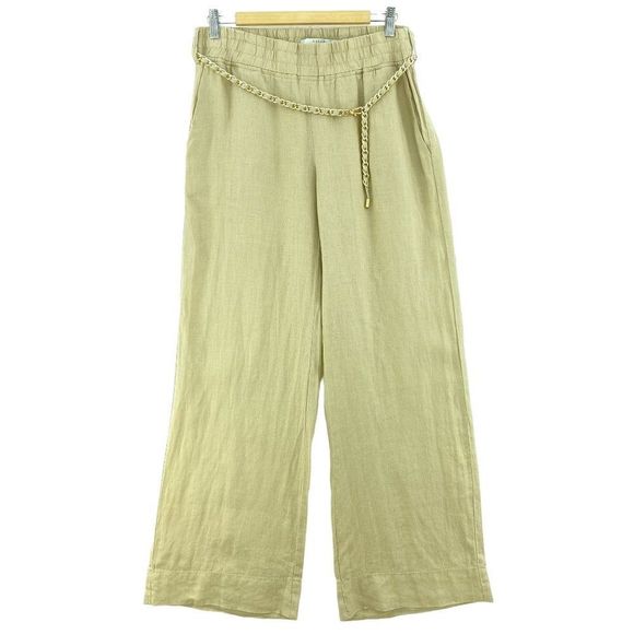 GUESS LOS ANGELES Sandy Beige Linen Wide Leg Pants Chain Belt - Picture 1 of 6